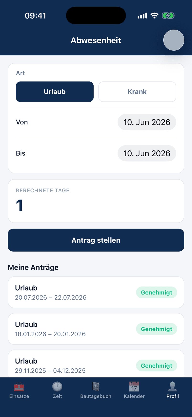 Abwesenheitsanträge in der baumacht Monteur-App mit Status Genehmigt