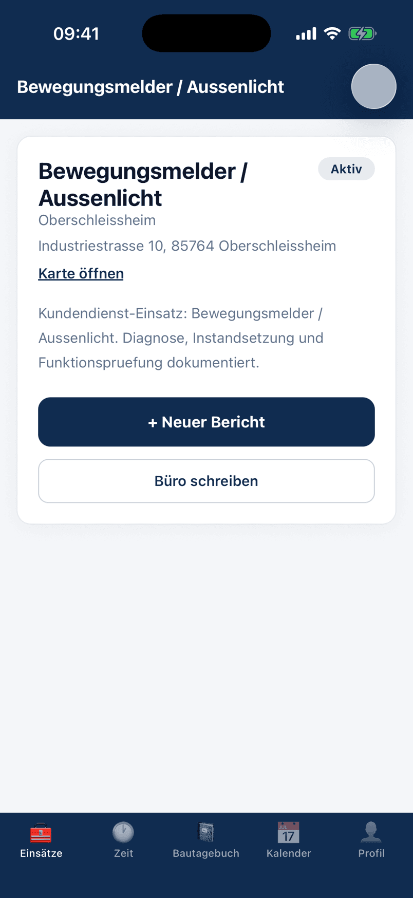 Auftrags-Detail in der baumacht Monteur-App: Adresse, Status, Beschreibung und Aktionen