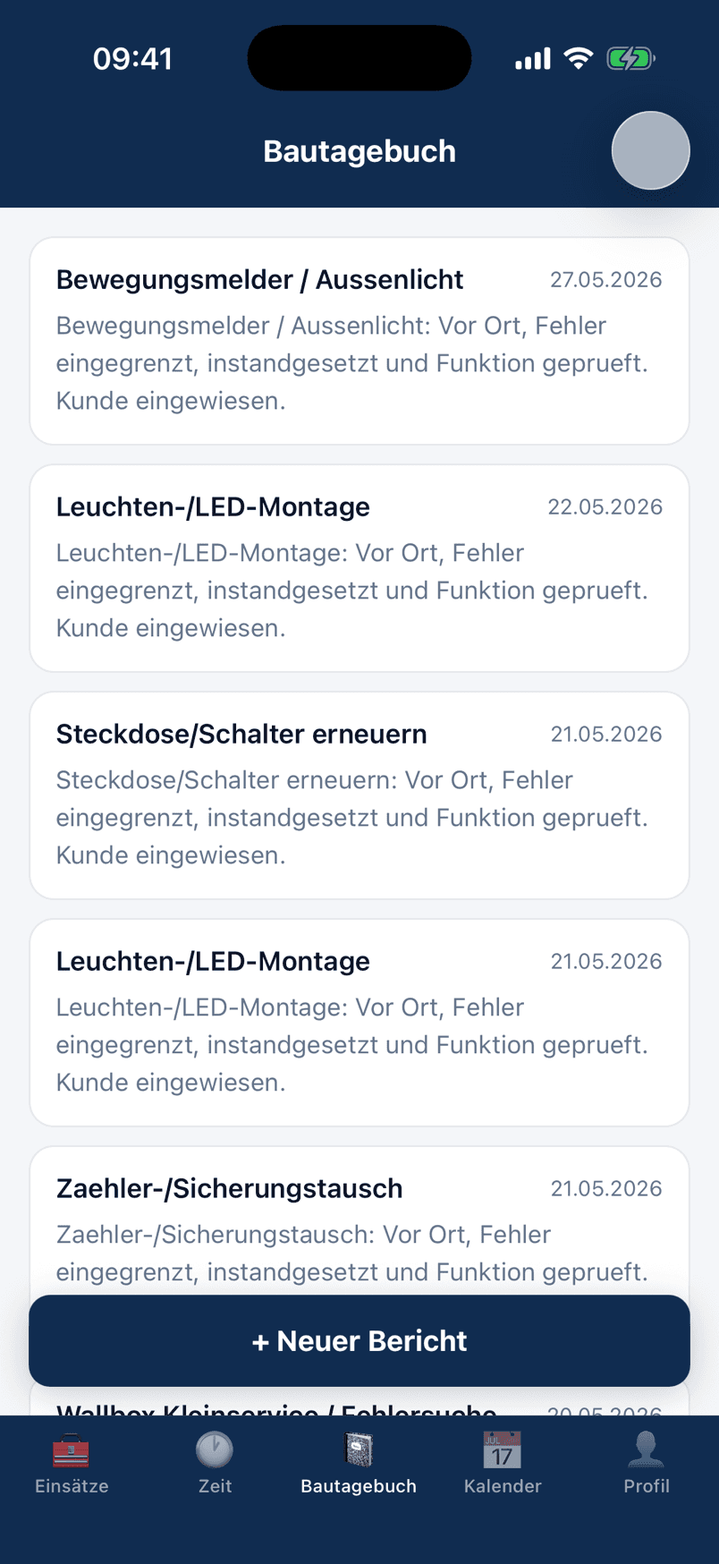 Bautagebuch-Verlauf in der baumacht Monteur-App