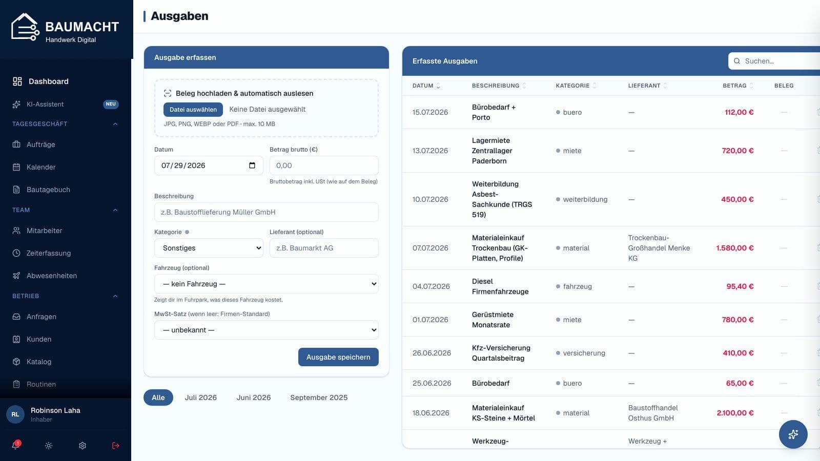 Ausgabe erfassen in baumacht mit Beleg-Upload zum automatischen Auslesen, rechts die Liste der erfassten Ausgaben