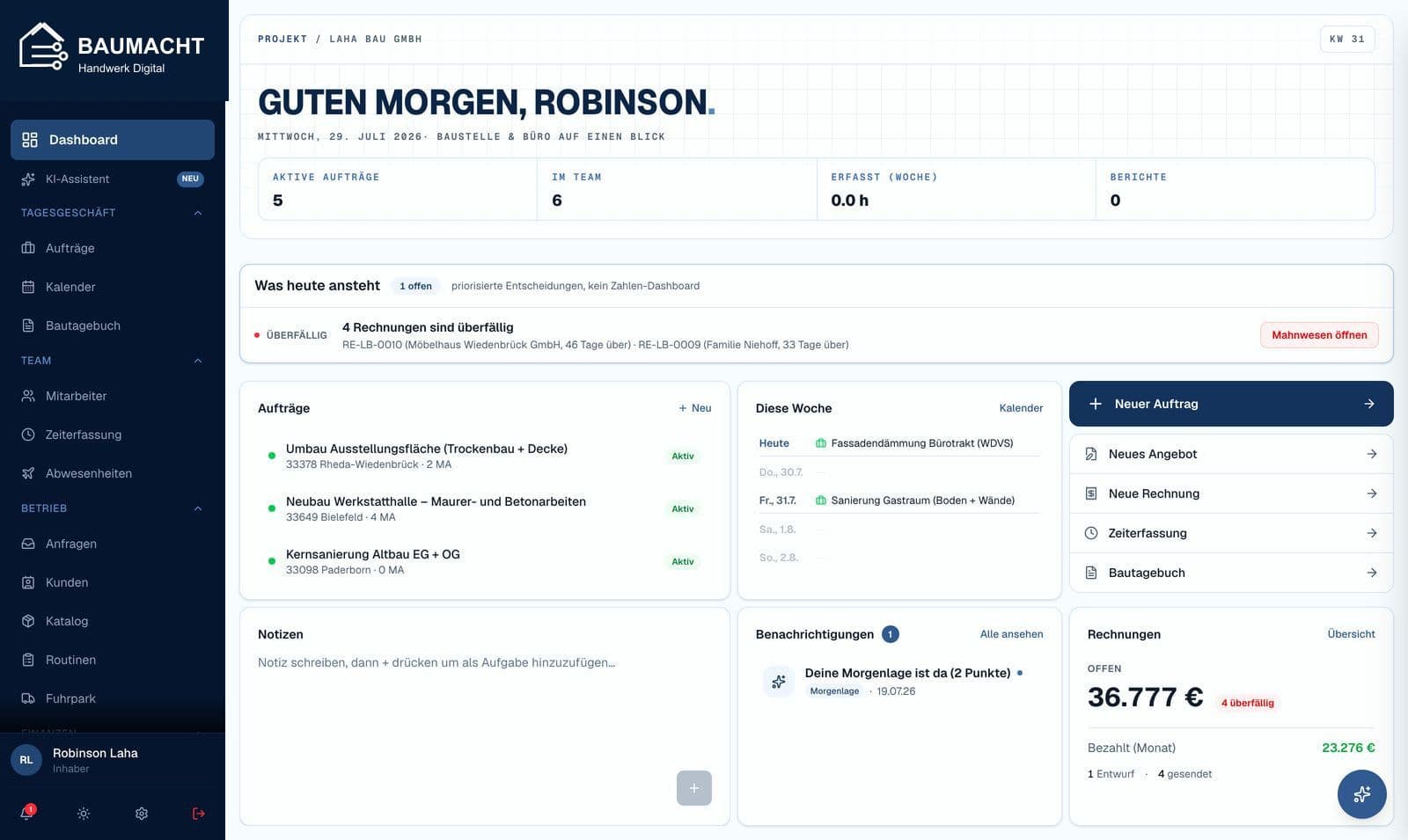 baumacht Dashboard: überfällige Rechnungen, Aufträge, Termine und offene Posten auf einen Blick