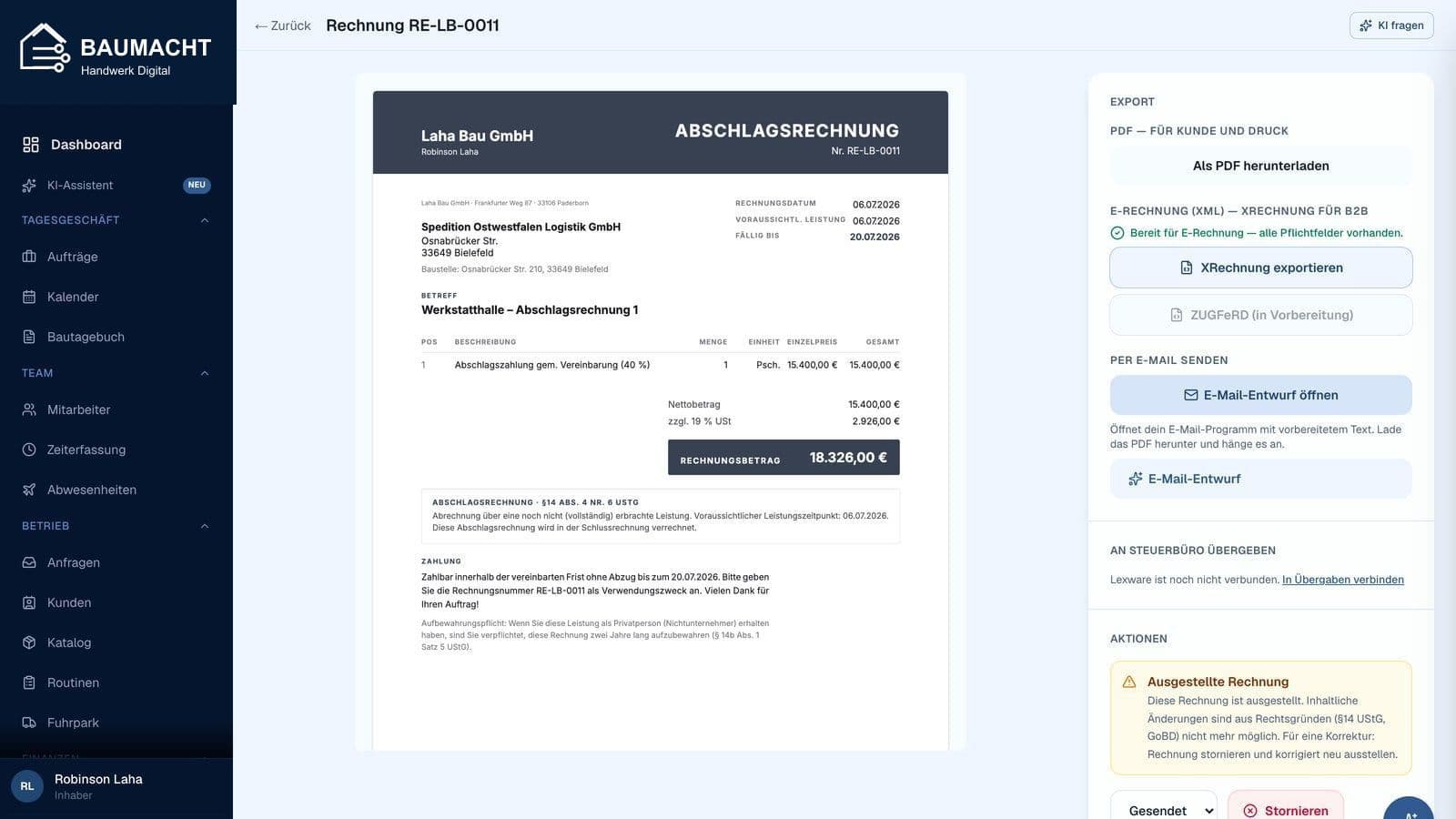 Rechnungsprogramm in baumacht: ausgestellte Abschlagsrechnung RE-LB-0011 in der Dokumentvorschau, rechts die Export-Optionen PDF und XRechnung